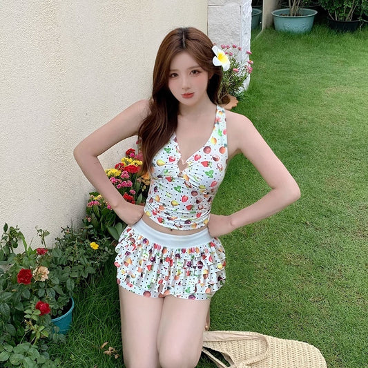 Womens Floral Halter Neck, Low-Chest Push-Up Two-Piece Skirted Swimsuit