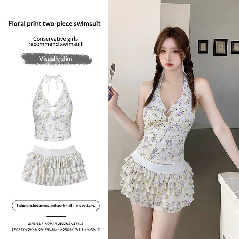 Womens Floral Halter Neck, Low-Chest Push-Up Two-Piece Skirted Swimsuit