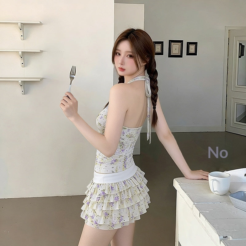 Womens Floral Halter Neck, Low-Chest Push-Up Two-Piece Skirted Swimsuit