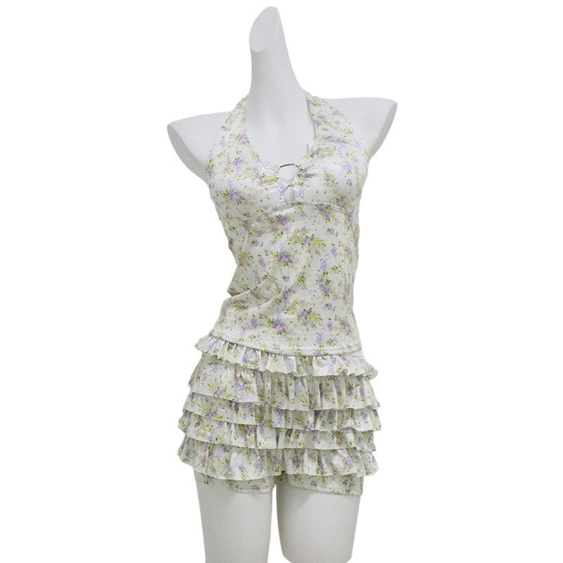 Womens Floral Halter Neck, Low-Chest Push-Up Two-Piece Skirted Swimsuit