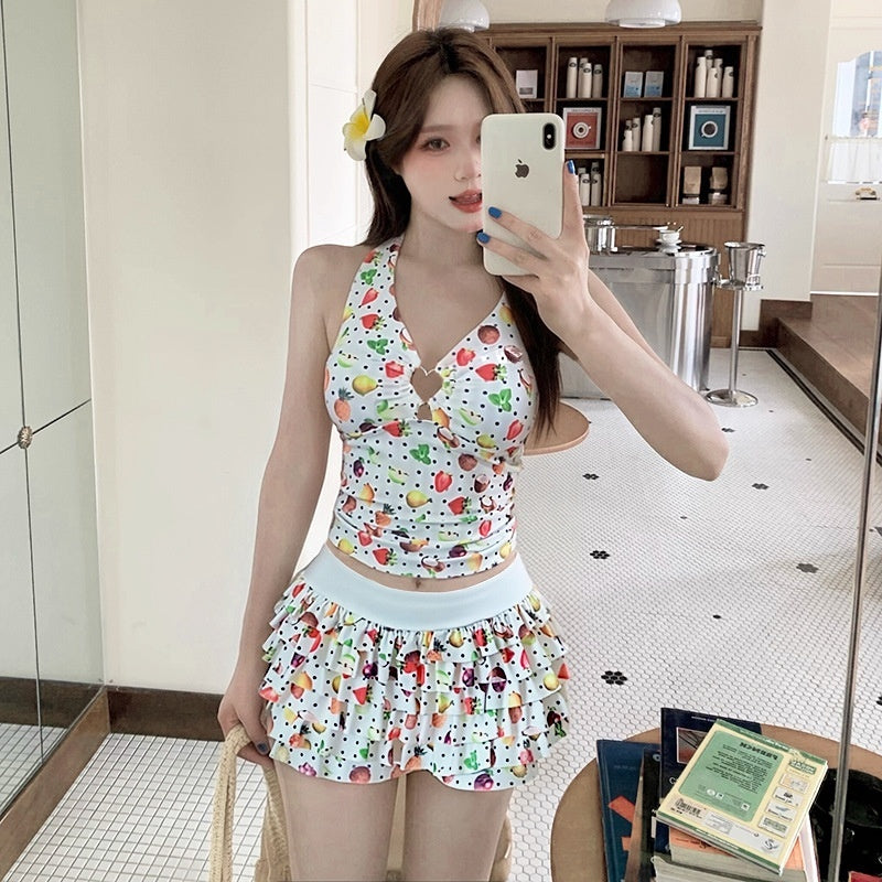 Womens Floral Halter Neck, Low-Chest Push-Up Two-Piece Skirted Swimsuit